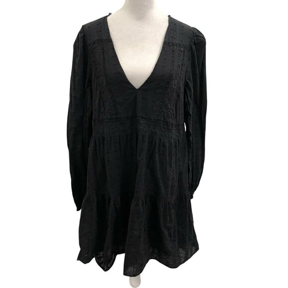 Zara Eyelet Embroidered Glam Punk Goth Long Sleeve Mini Dress Black size Large - Picture 1 of 11